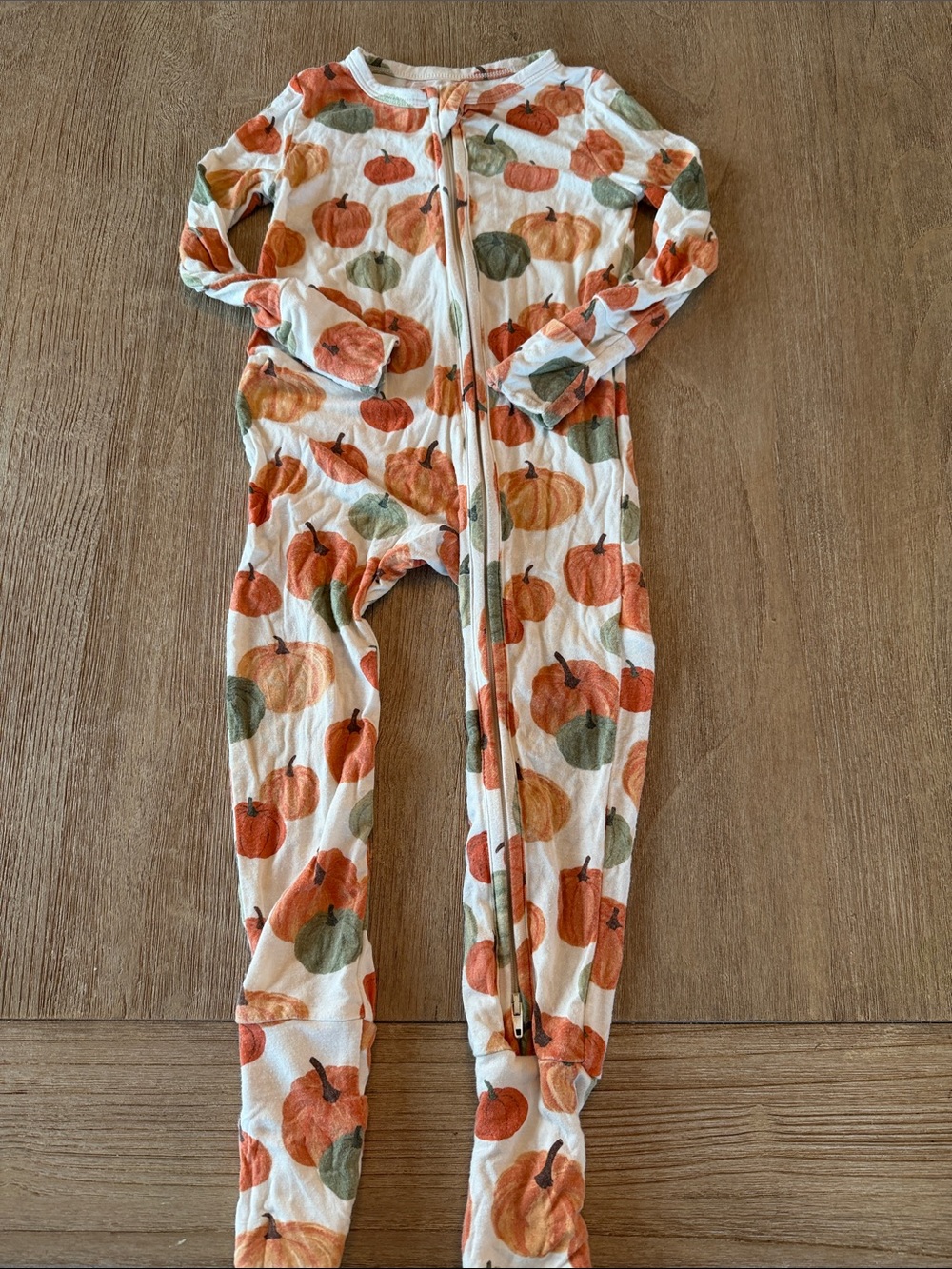 Kids Pumpkin Print One-Piece Zip Pajamas - White with Orange & Green Pumpkins